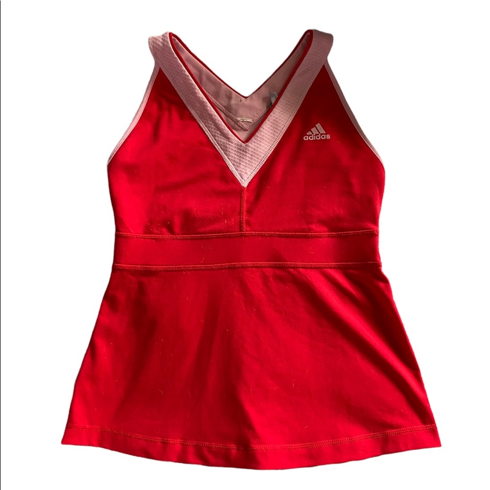 Adidas ClimaLite365 Reversable, Vneck, red orange & pink waist band, logo front